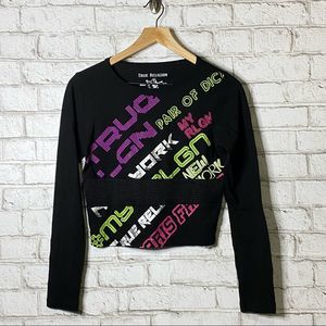 True Religion Mesh Crop Top Graphic Long Sleeve Size XS